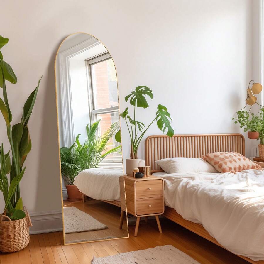 Arch Mirror Leaning - กระจกเต็มตัวขนาด 64'x21' พร้อมขาตั้ง, กระจกตกแต่งห้องพร้อมกรอบโลหะผสมทรงโค้ง, สไตล์เฟอร์นิเจอร์โมเดิร์นกลางศตวรรษ แบบตั้งพื้น/พิงผนัง