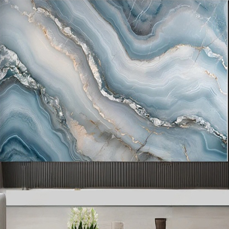 Interior Design With Wallpaper - การออกแบบภาพจิตรกรรมฝาผนังและวอลเปเปอร์ติดผนังแบบกําหนดเอง - พื้นผิวหินอ่อนนามธรรมสีน้ําเงินสมัยใหม่ 3D รูปแบบเรขาคณิตสําหรับการตกแต่งภายใน