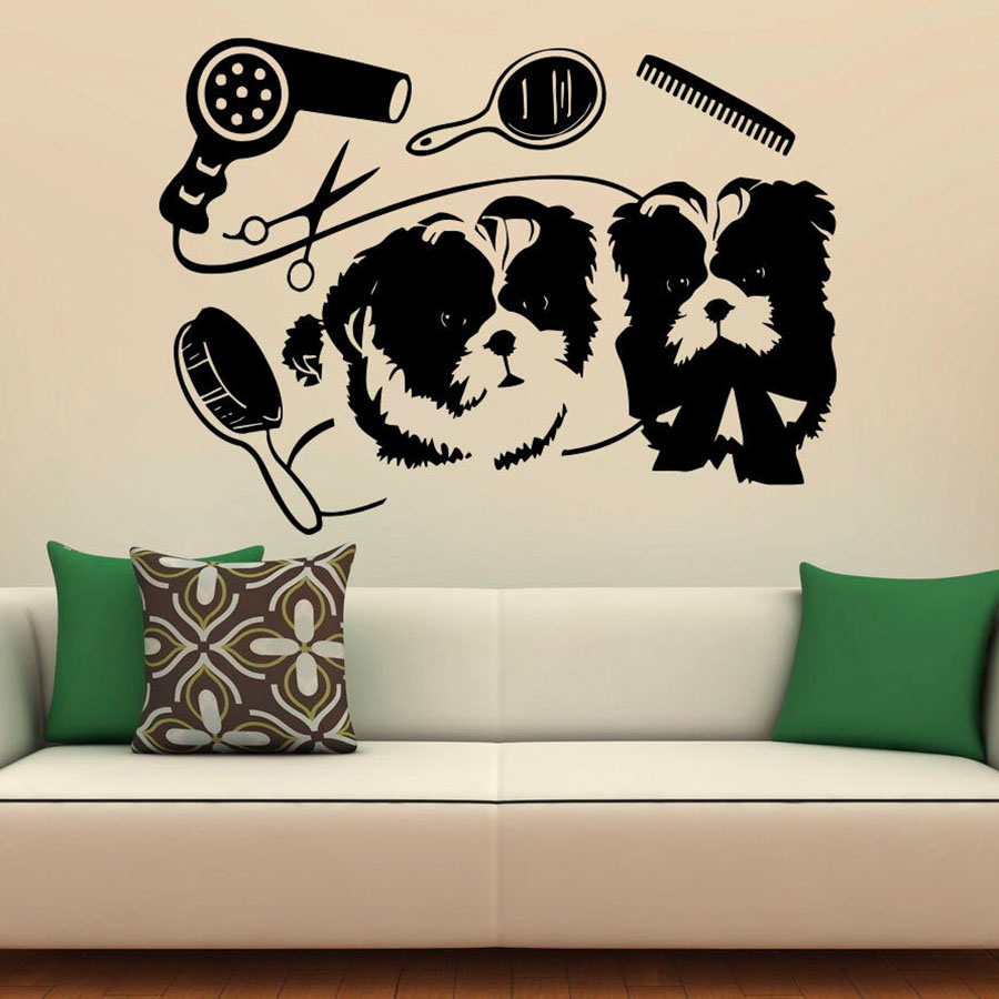 Interior Design With Wallpaper - Pet Grooming รูปลอกน่ารักสุนัขสัตว์เลี้ยง Shop Salon ห้องนอนเด็กตกแต่งภายในออกแบบประตูหน้าต่างไวนิลสติกเกอร์วอลล์เปเปอร์