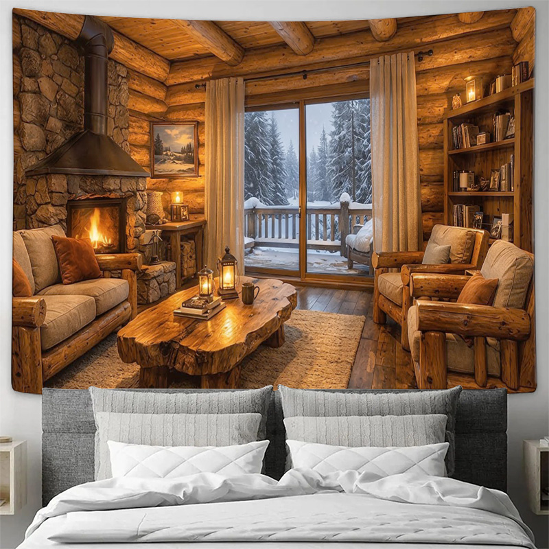 Interior Design Home Decor - ผ้าแขวนผนังลายกระท่อมไม้แสนอบอุ่น ตกแต่งภายในห้องอบอุ่น ล้างทำความสะอาดได้ ใช้ได้ทุกฤดู ลายพิมพ์ศิลปะตกแต่งบ้านสไตล์กระท่อมชนบท