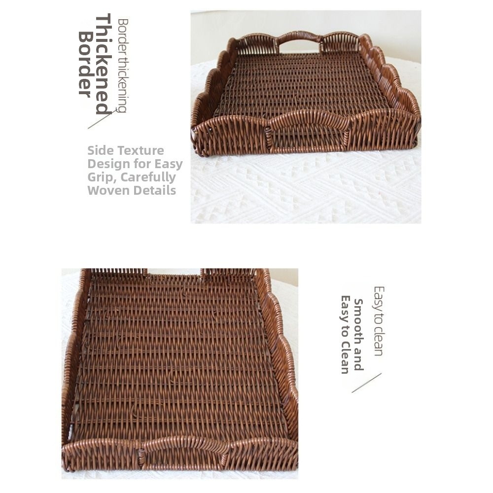 Rattan Tray Handle - ถาดเก็บของสานลายหวายเทียม ความจุขนาดใหญ่ ทรงสี่เหลี่ยมผืนผ้า ตะกร้าใส่ขนมและผลไม้ สไตล์ชนบท พร้อมหูจับ
