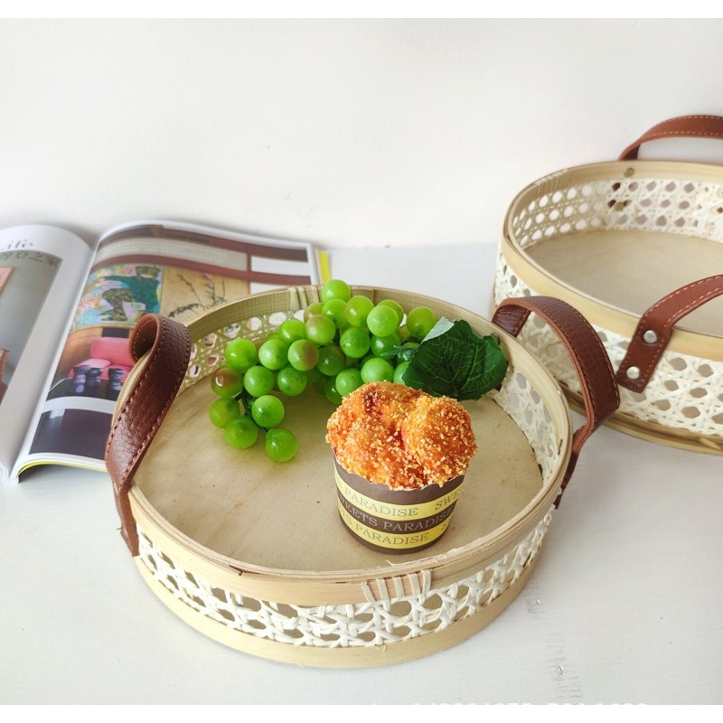 Rattan Tray Handle - ถาดหวายสไตล์นอร์ดิกทำมือ พร้อมหูจับหนัง ทรงกลม สำหรับใส่เครื่องหอม ผลไม้ ผัก