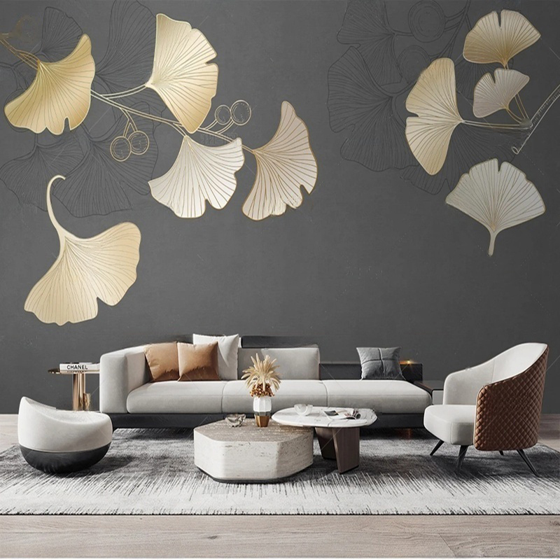 Interior Design With Wallpaper - วอลเปเปอร์ติดผนังลายใบไม้สไตล์นอร์ดิกแบบกำหนดเอง สำหรับตกแต่งผนังห้องนั่งเล่นและห้องนอน งานศิลปะตกแต่งภายในบ้าน