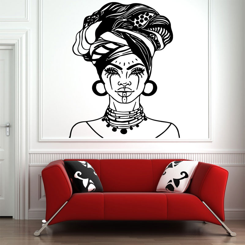 Interior Design With Wallpaper - สติ๊กเกอร์ติดผนังลายผู้หญิงแอฟริกันสวย สติ๊กเกอร์ติดผนังลายสาวแอฟริกัน สำหรับตกแต่งร้านเสริมสวย ไวนิลตกแต่งภายใน วอลเปเปอร์ติดผนังลายภาพจิตรกรรมฝาผนัง AC47