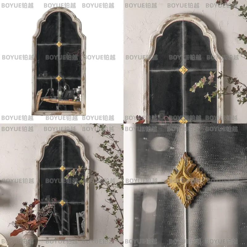 Arch Mirror Leaning - กระจกเงาตั้งพื้นทรงโค้งแกะสลักไม้สไตล์ฝรั่งเศส แบบเรโทร ติดผนังได้ ไม่มีกรอบ ตกแต่งบ้าน