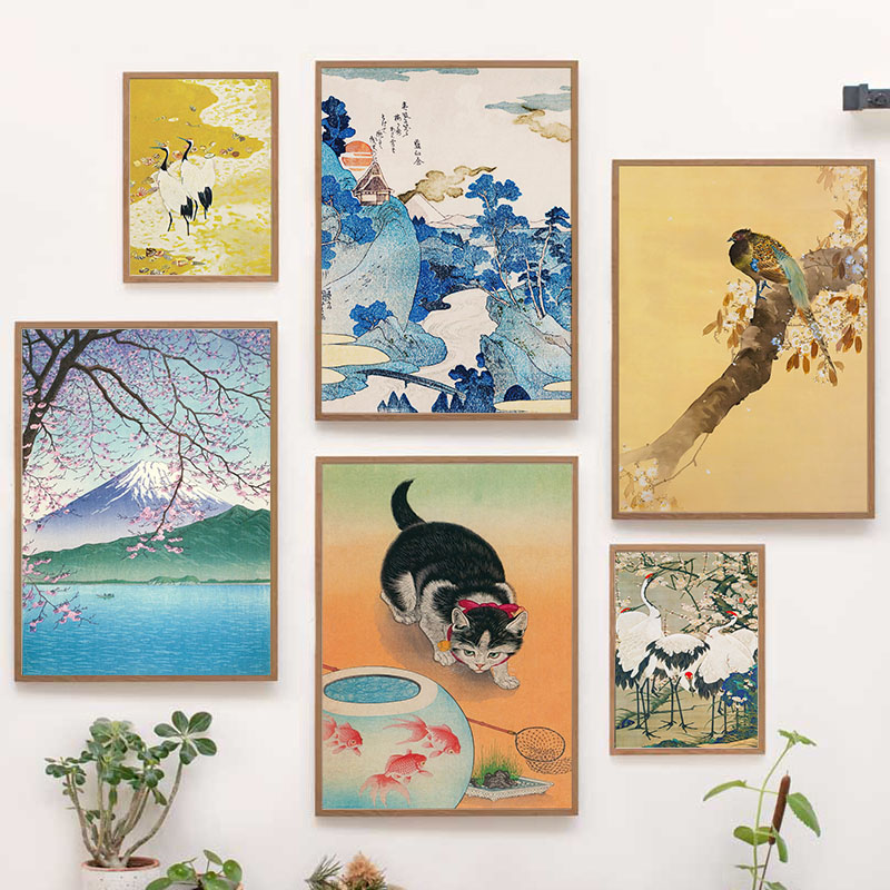 Interior Design Home Decor - ภาพพิมพ์บนผ้าใบของคาตสึชิกะ โฮคุไซ ศิลปะญี่ปุ่น ภาพภูเขาไฟฟูจิและนก สำหรับตกแต่งภายในห้องและบ้าน