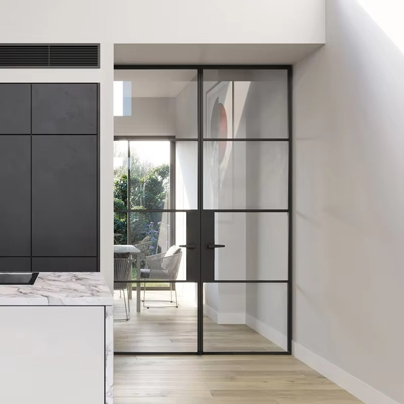 Interior Design Meeting Room - ประตูกระจกสองชั้นสำหรับตกแต่งภายในสำนักงาน กรอบอลูมิเนียมสีดำ ดีไซน์โปร่งใส สำหรับห้องประชุมหรือฉากกั้นพื้นที่ทำงาน