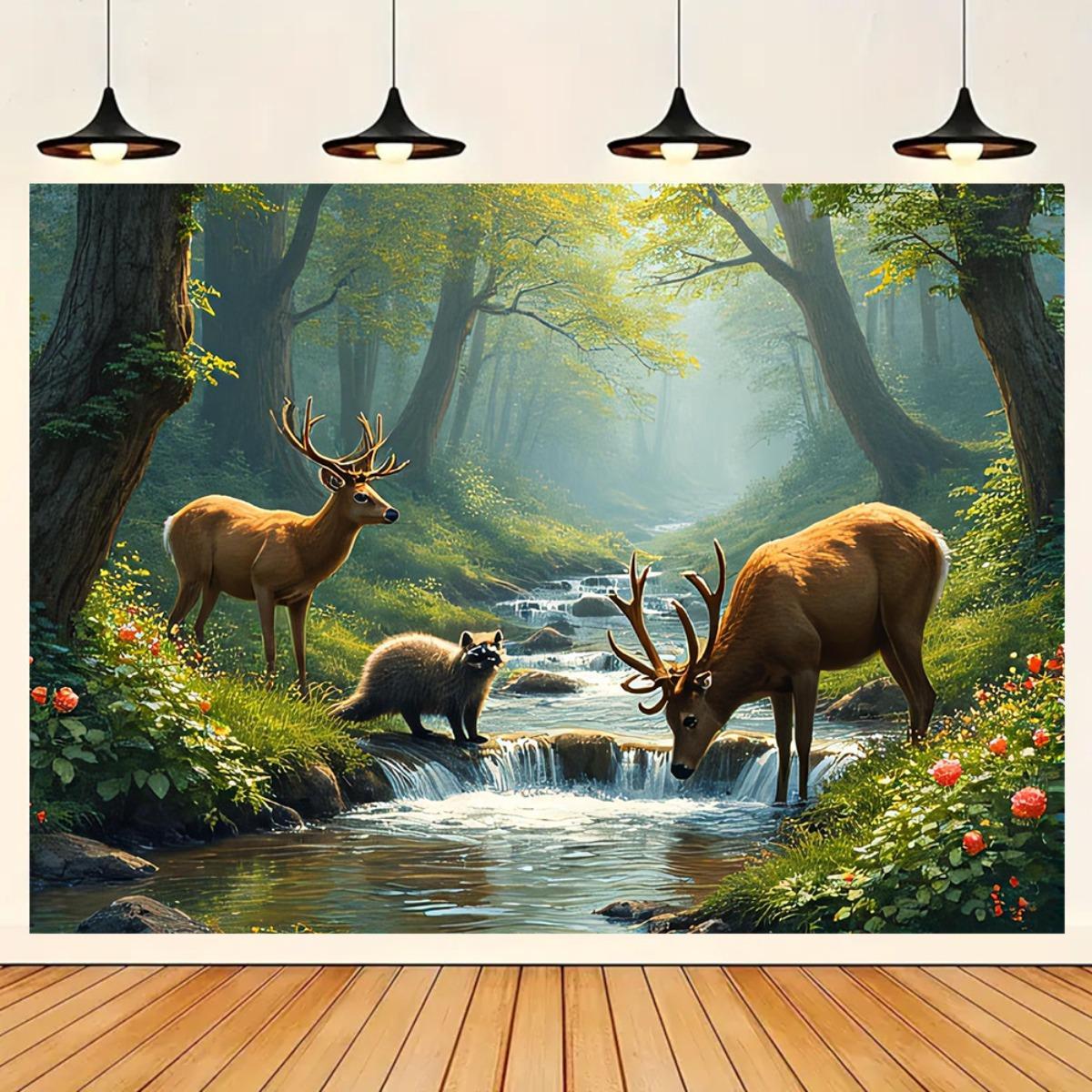 Interior Design With Wallpaper - ภาพจิตรกรรมฝาผนัง 2 มิติ ลายป่ากวาง ลำธาร น้ำตก