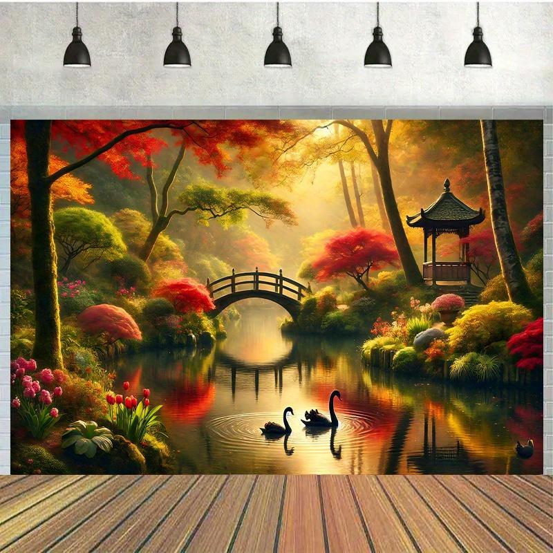 Interior Design With Wallpaper - ผ้าผนังลายสะพานสวนฤดูใบไม้ร่วง ลายหงส์ พิมพ์แบบแบน 2 มิติ ศิลปะธรรมชาติ