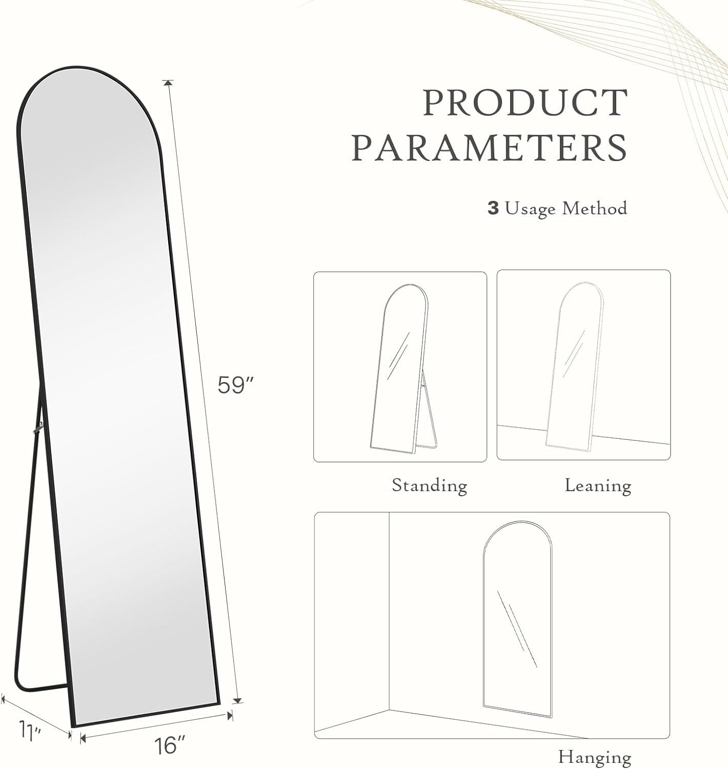 กระจกเงาเต็มตัวทรงโค้งขนาด 59  - Arch Mirror Leaning บทวิจารณ์และราคา