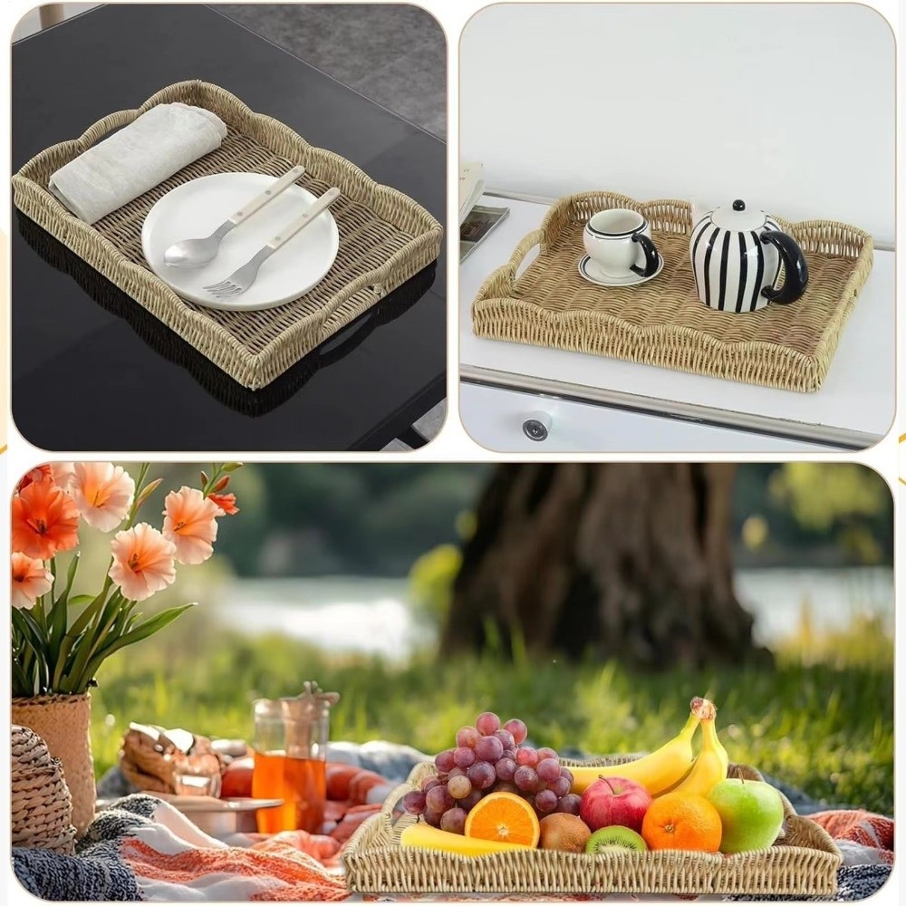ถาดเก็บของสานลายหวายเทียม ความ - Rattan Tray Handle บทวิจารณ์และราคา