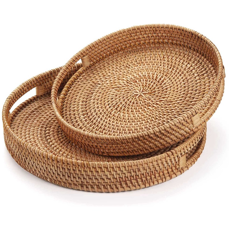ถาดเสิร์ฟหวายทรงกลม ถาดออตโตมั - Rattan Tray Handle บทวิจารณ์และราคา